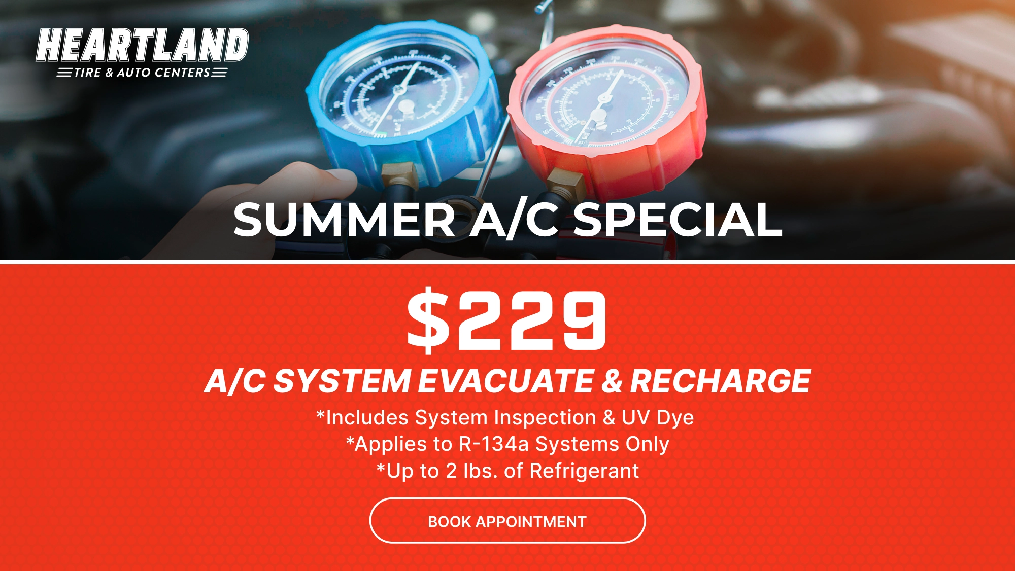 Technician performing an A/C recharge service promo at Heartland Tire & Auto Centers
