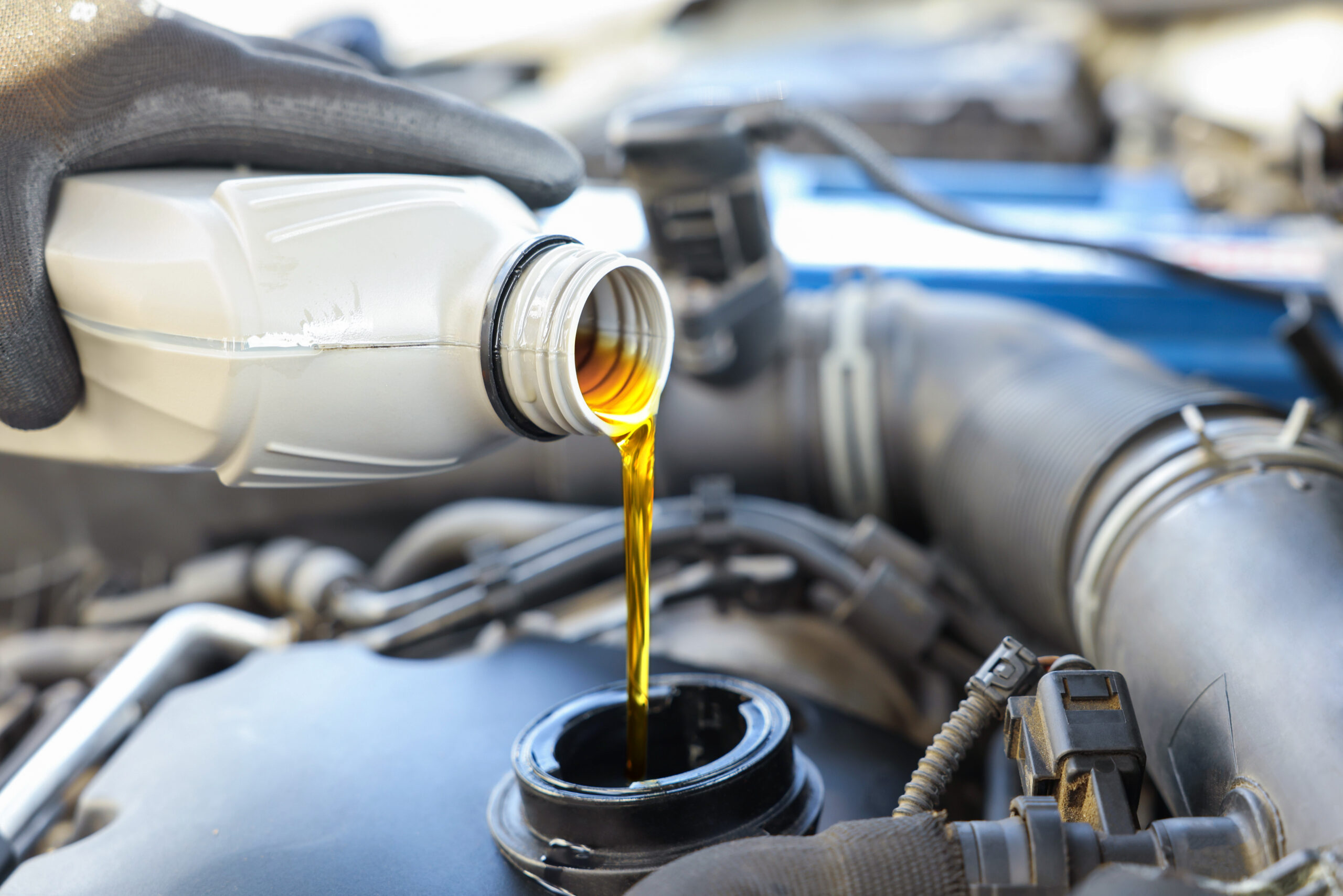 Fresh engine oil being poured into a vehicle during a professional oil change service and engine maintenance