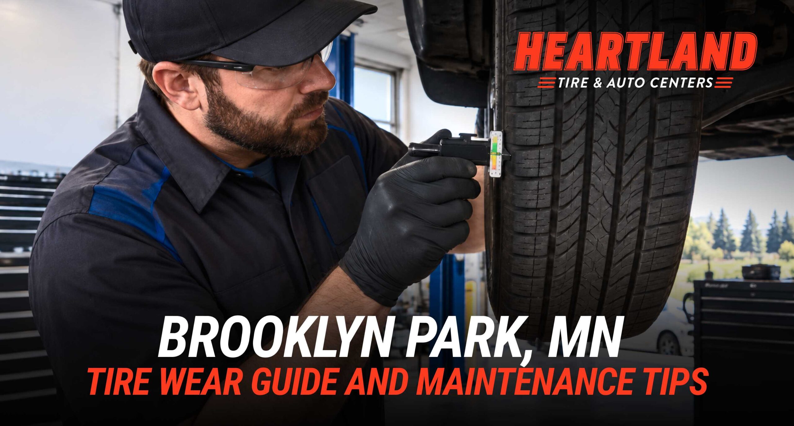 Technician inspecting tire tread during a Brooklyn Park MN tire inspection